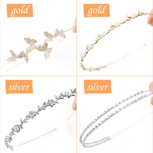 Yxiang 4 Pack Rhinestones Headbands Crystal Bridal Hairbands Thin Silver Metal Hair Band Fancy Metallic Butterfly Head Band Wedding Headpiece for Women Girls