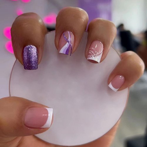 24 Pcs Short Square Press on Nails French Tip Fake Nails Purple Shiny Powder Artificial Nail Tips Acrylic False Nails with Designs Full Cover Stick on Nails for Women Girls Cute Nail Decorations