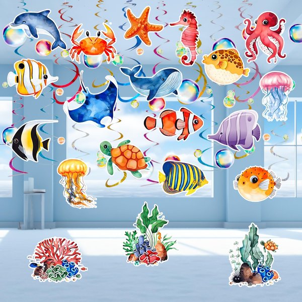 CHAROUP 41 Pcs Sea Animals Hanging Decorations Ceiling Swirl Marine Animals with Bubble Garlands Decor Birthday Ocean Beach Themed Party Supplies