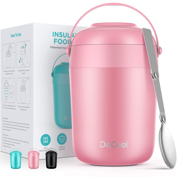 DaCool Food Thermos for Kids With Handle 16 Ounce Insulated Lunch Containers Leakproof Thermos for Food Lunch Soup Vacuum Stainless Steel With Folding Spoon Lunch Box for Kids School Outdoors Pink