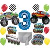 Monster Truck Rally 3rd Birthday Party Supplies 8 Guest Decoration Kit with Green and Red Monster Truck Balloon Bouquet