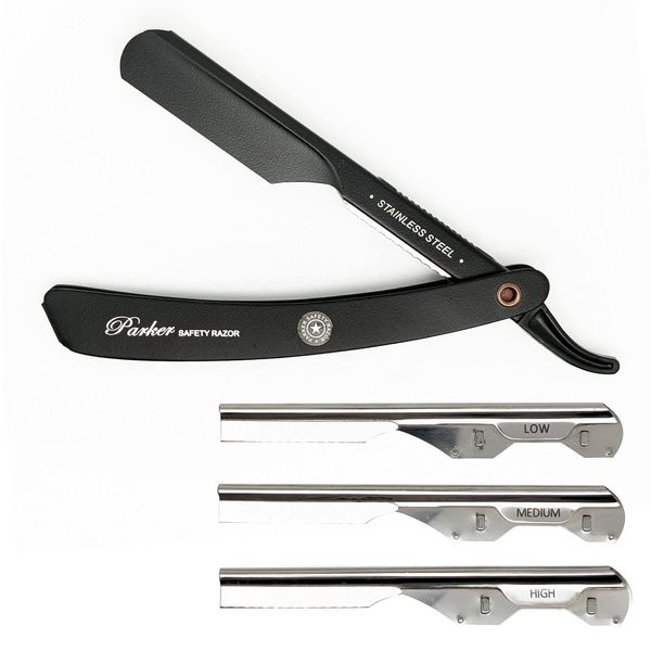 Parker Safety Razor, Adjustable Stainless Steel Black Handle Straight Barber Razor - Customize Your Shave with 3 Different Blade Inserts - 5 Parker Razor Blades Included