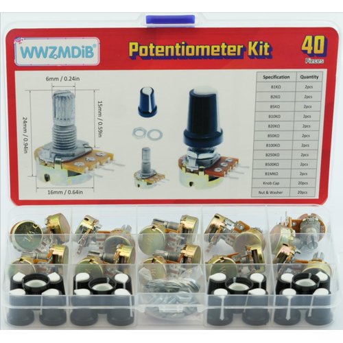 WWZMDiB 40PCS Potentiometer Kit with Knobs B1K 2K 5K 10K 20K 50K 100K 250K 500K 1M Ohm potentiometers Assortment Tapered Rotary Audio B-Type Potentiometer(Equipped with Nuts & washers）