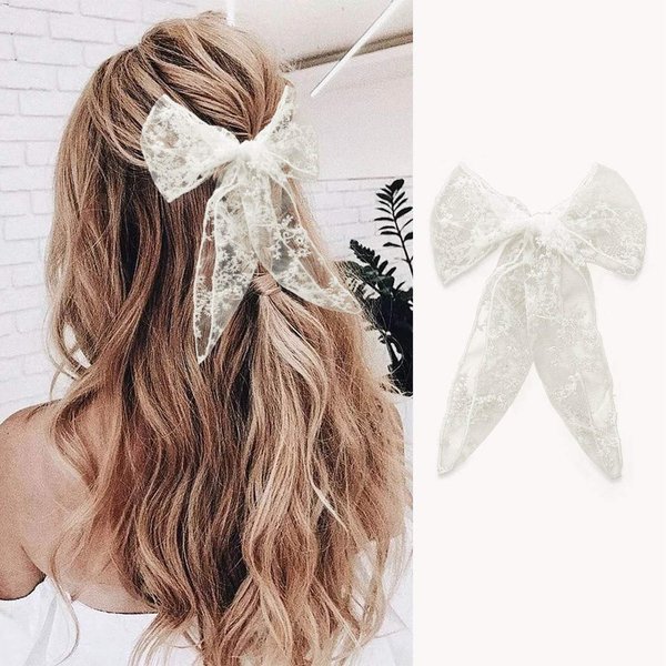 JONKY Bow Hair Clips White Lace Hair Accessory Party Non Slip Flower Hair Bow Hair Barrettes Hair Piece for Women and Girls
