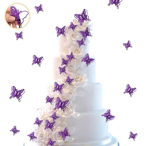 40 PCS Purple Lively 3D Butterfly Cupcake Toppers Hollow Art Butterfly Cake Topper Decorations for Baby Shower Wedding Anniversary Kids Birthday Party Supplies Mixed Size