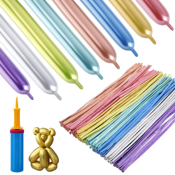 100 Pcs Metallic 260 Balloons, Latex Twisting Balloons Kit for Balloon Animals with Pump, Durable Long Balloons for Birthday Gifts Children's Party Wedding Decorations