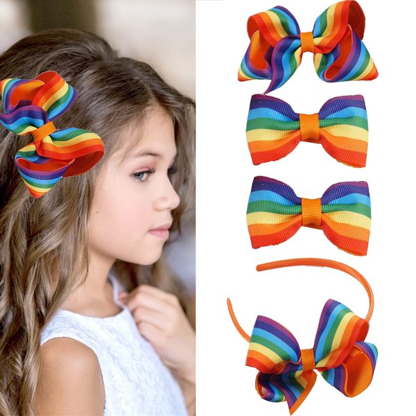 Rainbow Hair Headband Gay Pride Day Bow Hairstyle Hairpin Candy Grosgrain Ribbon Hair Clips Accessories (4 Pcs) for LGBT Women Girls Party Parades Celebrations Festival Decorations