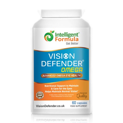 VISION DEFENDER OMEGA Eye Supplement: Care and Relief for Dry Eyes, Improve Eye Health- High Strength 1000mg Pure Omega-3 Fish Oil (400mg EPA, 200mg DHA per capsule)+Vitamin E (60 Softgels) Made in UK