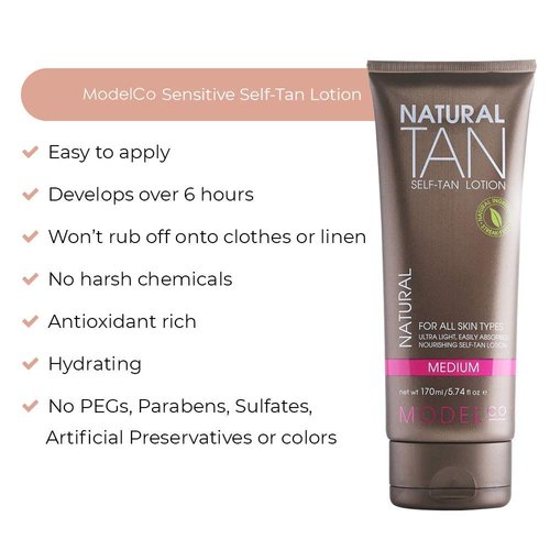 ModelCo Instant Sunless Natural-Looking Self-Tanning Lotion - Infused with Argan Oil, Aloe Vera, and Coconut Oil - Perfect for Dry, Sensitive, or Mature Skin - Medium - 5.74 fl oz
