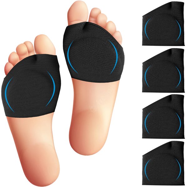 Metatarsal Sleeves Inserts with Gel Pads - 4 Pieces - Immediate Bottom Ball of Foot Support Pain Relief - Soft Padding - Aid Metatarsalgia, Mortons Neuroma, Sesamoiditis, Insole Men, Women (Black)