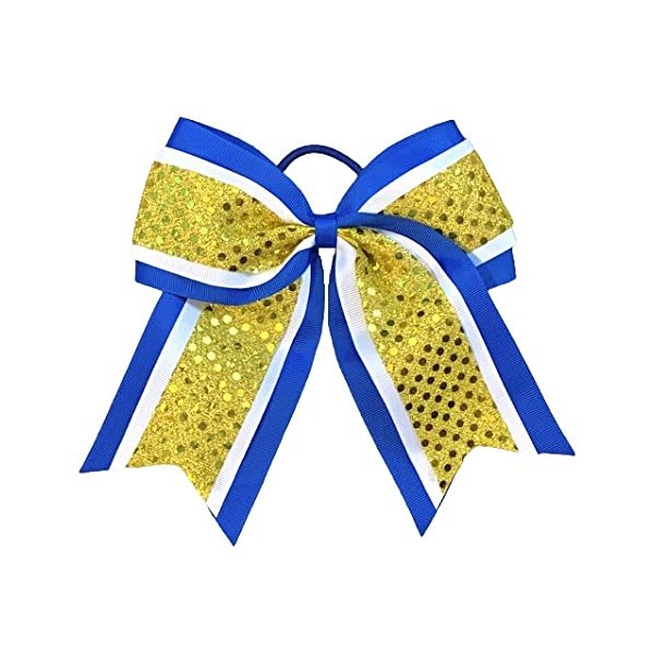New "CONFETTI DOTS Royal Blue Yellow" Cheer Bow Pony Tail 7 Inch Girls Hair Bows Cheerleading Dance Practice Football Games Competition Birthday Grosgrain Ribbon