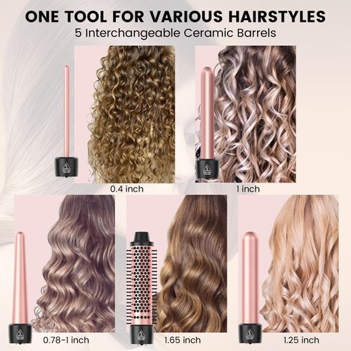 5 in 1 Curling Iron, Sixriver Hair Curling Wand Set with Curling Thermal Brush&4 Interchangeable Ceramic Curling Wand(0.4”-1.25”), Long Lasting Curls, Fast Heating Hair Wand Curler with Glove&2 Clips