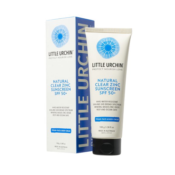 Little Urchin Natural Sunscreen SPF 50+, Clear Zinc, Broad Spectrum UVA/UVB, Water-Resistant, Reef Safe, Vegan, 3.38 fl oz, 100g