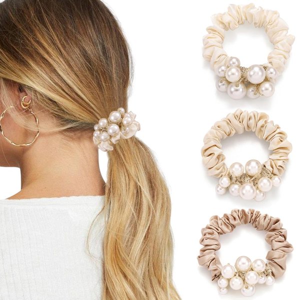 Fashey Pearl Hair Ties Elastic Ponytail Holder Satin Hair Scrunchies Rhinestone Hair Bands Hair Ropes Hair Accessories for Women and Girls（Pack of 3）