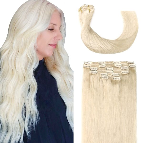Sindra Clip on Extensions Human Hiar Clip in Extensions 22Inch Platinum Blonde Real Human Hair Extensions Clip ins Remy For Women Straight 120g 6pcs (clip#60 22inch)