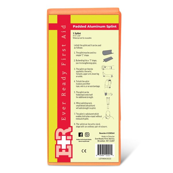 Ever Ready First Aid 4.25 x 36 Inch Padded Aluminum Splint, Lightweight, Waterproof, Reusable, Flat Folded, For Hands, Legs, Wrists, Ankles, and Fractured Limbs.