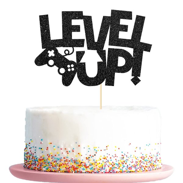 KakaSwa Level Up Video Game Cake Topper, Theme Birthday Party Favors, Birthday Party Supplies, Happy Birthday Party Cake Decor for Kids, Black Glitter Cake Topper for Children's Birthday