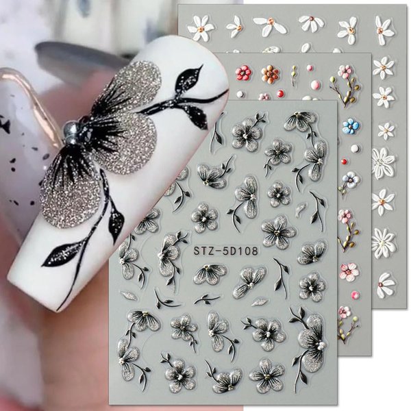 5Sheet 5D Embossed Relief Nail Design Kit Flower Nail Stickers For Nail Art,White Daisy Nail Art Stickers Spring Summer Colorful Floral Nail Decals For Nail Art Black Jelly Blossom Petals Nail Sticker