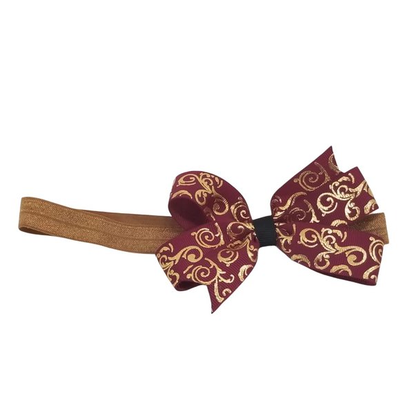 Burgandy with gold Scroll Headband Hair Bow