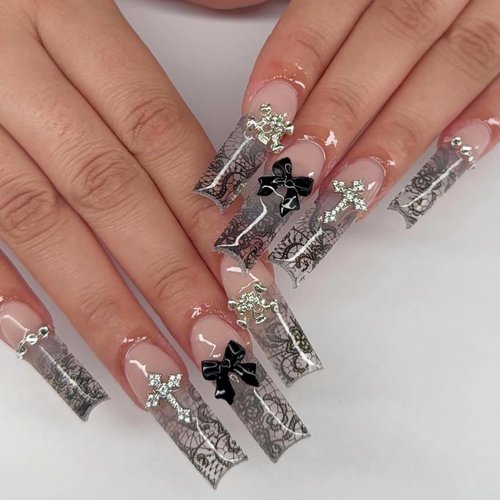 BABALAL Long Square Press on Nails Black Goth French Tip Fake Nails 3D Bow Cross Skull Charm Glue on Nails Rhinestone Shiny Acrylic Nails Y2k Lace Manicure Design False Nails for Women and Girls