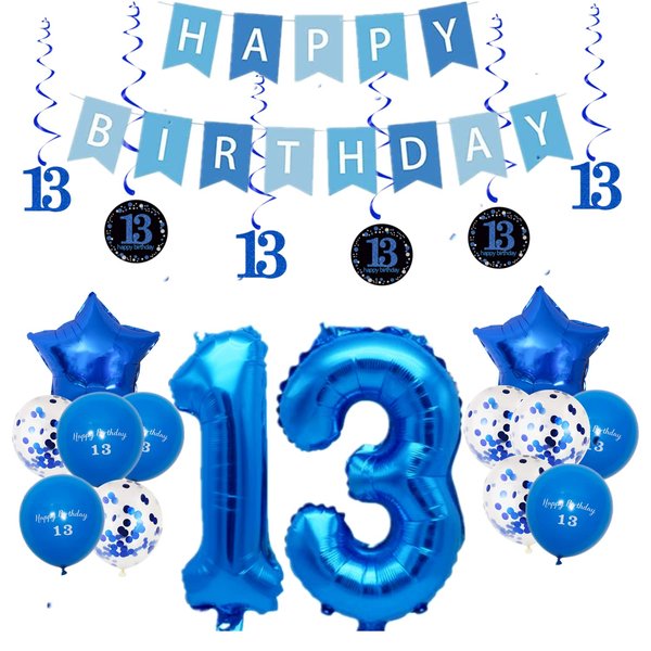 Pargleev 13th Birthday Party Decorations for Boys Girls in Blue Comprise Balloons with Swirl Decorations, A Happy Birthday Banner, A Set of 32in "13" Numbers and Star Foil Balloons in Blue.