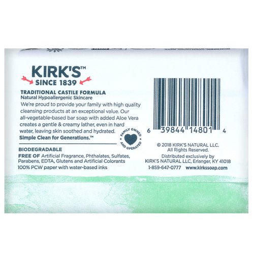 Kirk's Original Coco Castile Bar Soap Soothing Aloe Vera 4 Ounces (2 Pack)