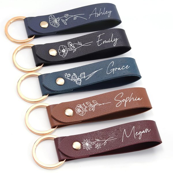 Personalized Birth Flower Key Chain with Name,Custom Leather KeyChain Engraved Handmade Keychain Christmas Wedding Birthday Gifts for Women (Birth Flower Keychain)
