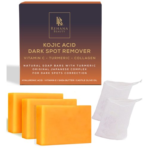 RB REHANA BEAUTY Kojic Acid Soap for Hyperpigmentation, Dark Spot Remover for Body & Face, Acne Cleanser, Lemon Turmeric Brightening Soap with Vitamin C (3x100g Bars + 2 Nets), For both Women & Men