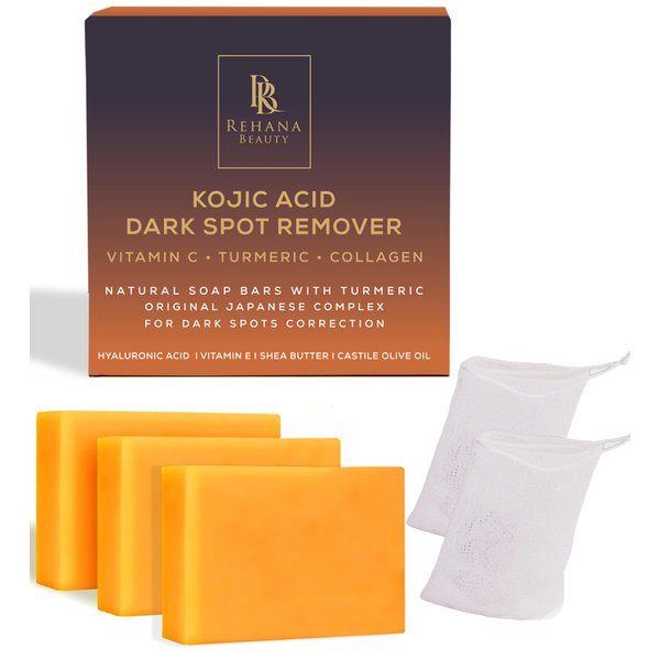 RB REHANA BEAUTY Kojic Acid Soap for Hyperpigmentation, Dark Spot Remover for Body & Face, Acne Cleanser, Lemon Turmeric Brightening Soap with Vitamin C (3x100g Bars + 2 Nets), For both Women & Men