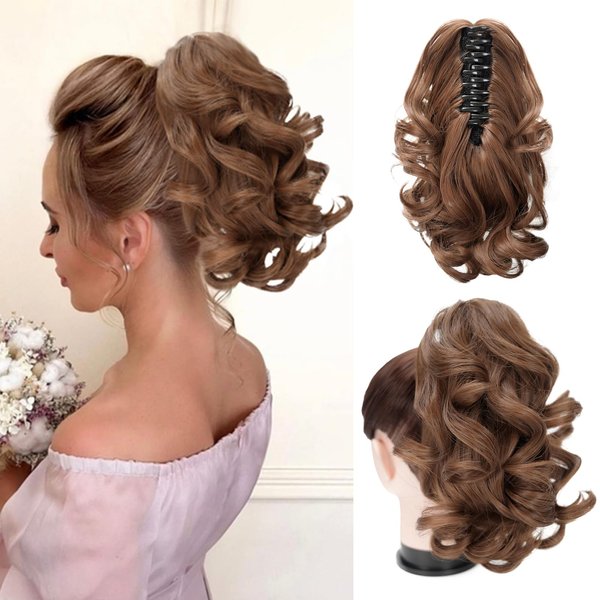 Foaoit Short Ponytail Hair Extensions Claw Clip in Hair Extensions for Women 10 Inch Loose Curly Ponytails Synthetic Updo Hair Pieces for Kids Girls (Light Golden Brown)