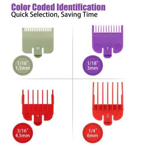 4 Professional Hair Clipper Guards Cutting Guides Fits for Most Wahl Clippers, Color Coded Clipper attachment Replacement - Guard Number: #1/2, 1, 1.5, 2(Length: 1/16, 1/8, 3/16 and 1/4 inch)