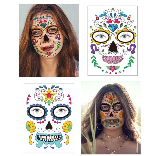 Day of the Dead Sugar Skull Tattoos Floral Black Skeleton Web Red Roses Halloween Costume Temporary Tattoos 9 Sheets