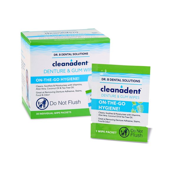 Dr. B Dental Solutions Cleanadent Wipes - Convenient Denture Cleaning Wipes, Refreshes Gums, No Artificial Colors/Flavors - 30 Pack