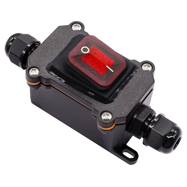 Hmknana IP67 Waterproof Inline Cord Switch 12V DC 20A DPST 4Pin 2 Position On Off Outdoor Toggle Switch with Red Light Rocker Button,Two-Side Entry & Exit Line