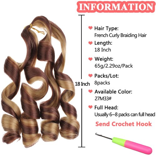 Xtrend 18 Inch Pre Stretched Loose Wave Braiding Hair 8 Packs French Curly Braiding Hair For Box Braids Bouncy Crochet Spanish Curly Ombre Brown Synthetic Hair Extensions For Women（18 Inch,27M33#）