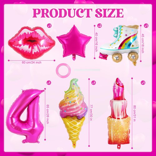 7 Pcs Pink Birthday Balloons for Girls,Princess Birthday Party Supplies,Girl Birthday Balloons Decorations,Hot Pink Balloons Set for Princess Doll Theme Party Birthday Party Baby Shower Supplies (4th)
