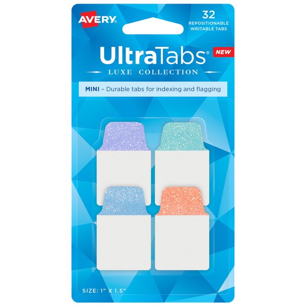 Avery Mini Ultra Tabs, 1" x 1.5", Pastel Sparkle Shimmer Designs, 32 Repositionable Page Tabs (74149)