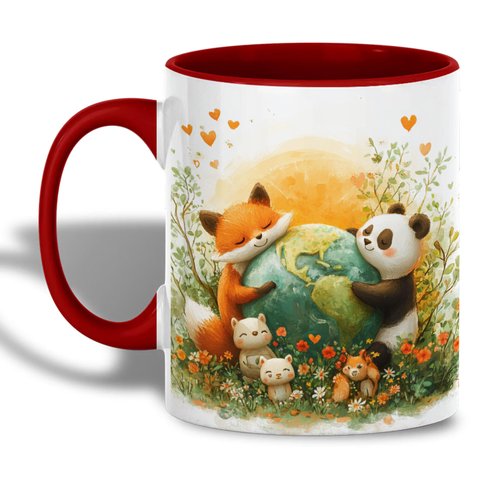 ANOVRA Earth Day Ceramic Mug - Cute Animals Hugging Planet Coffee Cup - Eco Friendly Nature Art - Sustainable Design for Environmental Awareness, 11oz
