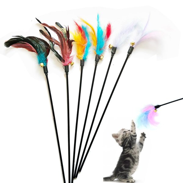IUHKBH Cat Wands, 6 PCS Interactive Cat Feather Toys Cat Teaser with Bell - 18'' Long Feather Wand for Cat and Kitten