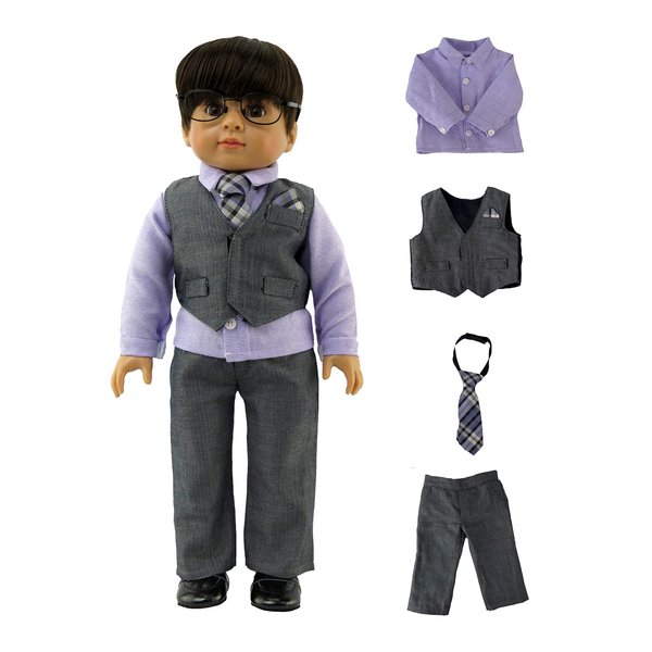 American Fashion World Boy’s Gray and Purple Formal Outfit for 18-Inch Dolls | Premium Quality & Trendy Design | Dolls Clothes | Outfit Fashions for Dolls for Popular Brands