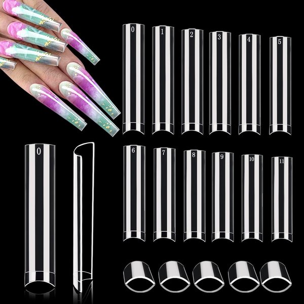 XXXL No C Curve Square Nail Tips, 600PCS Clear Nail Tips for Acrylic Nails Professional, Straight Tapered Square Nails Tips 3XL Extra Long Acrylic Nail Tips Half Cover French Nails for Women 12 Sizes