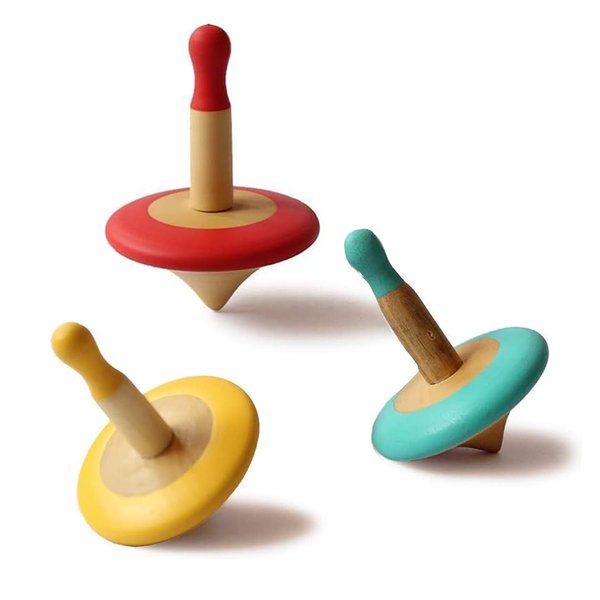 Shumee Handmade Wooden Set of 3 Spin Tops(Red, Blue, Yellow)| Colorful| 100% Child Safe| Gyroscope Fidget Spinner |Novelty Spinning Tops | Sensory Toys |Birthday Party Favors|Classic Wooden Trompos