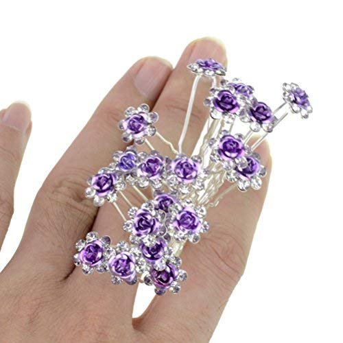 Rbenxia 20 Pcs Bridal Wedding Rhinstone Hair Pins 2.4 Inches Bridal Prom Clips Rose U-shaped Hair Pins for Women and Girls, Purple
