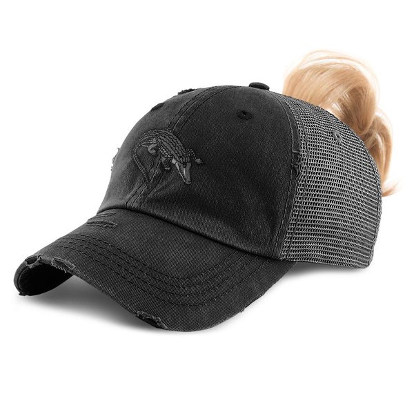 Womens Ponytail Cap Gator Florida Swamp Embroidery Cotton Messy Bun Distressed Trucker Hats Strap Closure Black Design Only