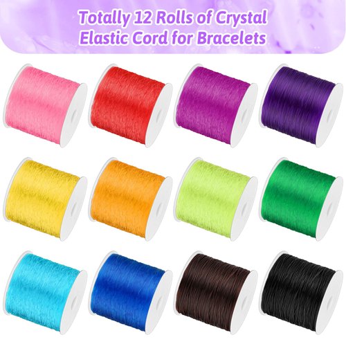 PAXCOO 12 Rolls Elastic Crystal Tec String for Bracelets, 0.8 MM Stretch Bead String Cord Jewelry Thread for Bracelets, Necklaces, Clay Beads, Pony Beads (Multiple Colors)