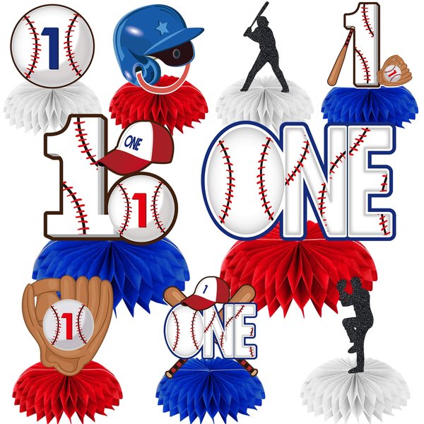 Aodocuto 9Pcs Baseball 1st Birthday Decorations Honeycomb Centerpieces for Baby Boys, Rookie of the Year 1st Birthday Table Centerpiece Party Supplies, Baseball Themed One Year Old Bday Table Topper
