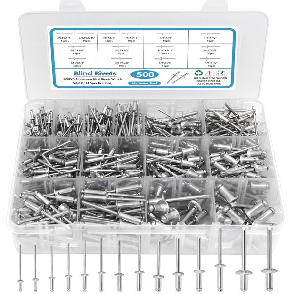 SATANTECH 500pcs Pop Rivets Assortment Kit,14 SAE Sizes Aluminum Rivets (3/32" 1/8" 5/32" 3/16" 1/4"), Assorted Blind Rivets with Reinfored Divider & Labeled Case