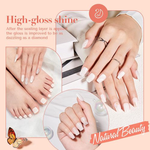 AZUREBEAUTY Vegan Nail Polish Set, Milk White Clear Quick Dry Complete Starter Natural Nail Lacquer Strengthening Treatment Kit with Top Coat & Nail Polish Remover, 50Pcs Nail Remover Cotton Pad