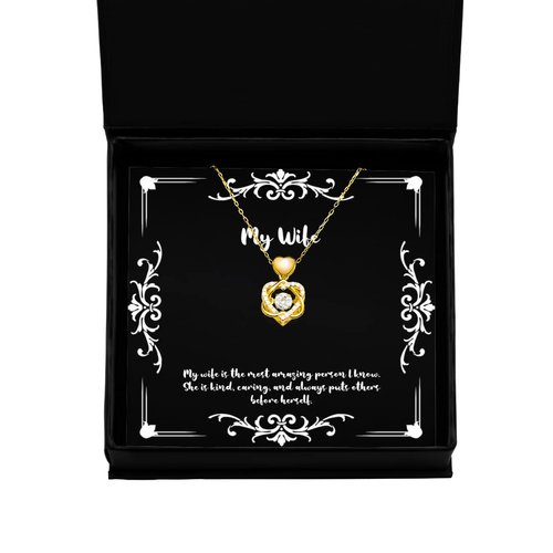 OrangePieces Funny Wife Gifts, My Wife is The Most Amazing Person I Know. She is, Sarcastic Birthday Heart Knot Gold Necklace from Wife, Recycled, Upcycled, Ecofriendly, Sustainable, Zero Waste