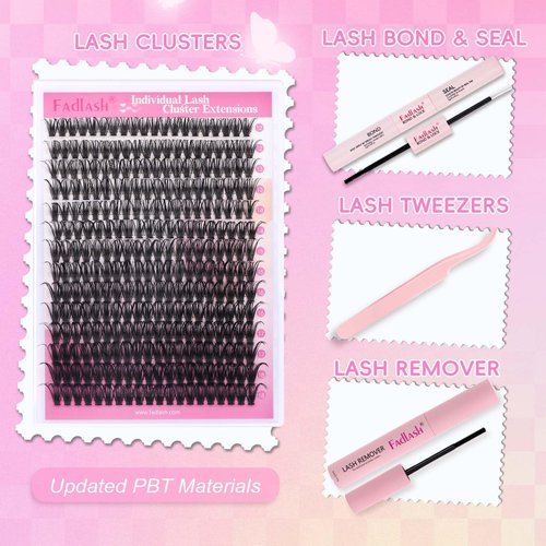 FADLASH Lash Extension DIY Kit Lash Clusters D Curl Cluster Lashes with Lash Bond and Seal Cluster Lashes Glue Remover Lash Tweezers for DIY Eyelash Extension at Home（Kit 50D-0.07D-12-18MIX）